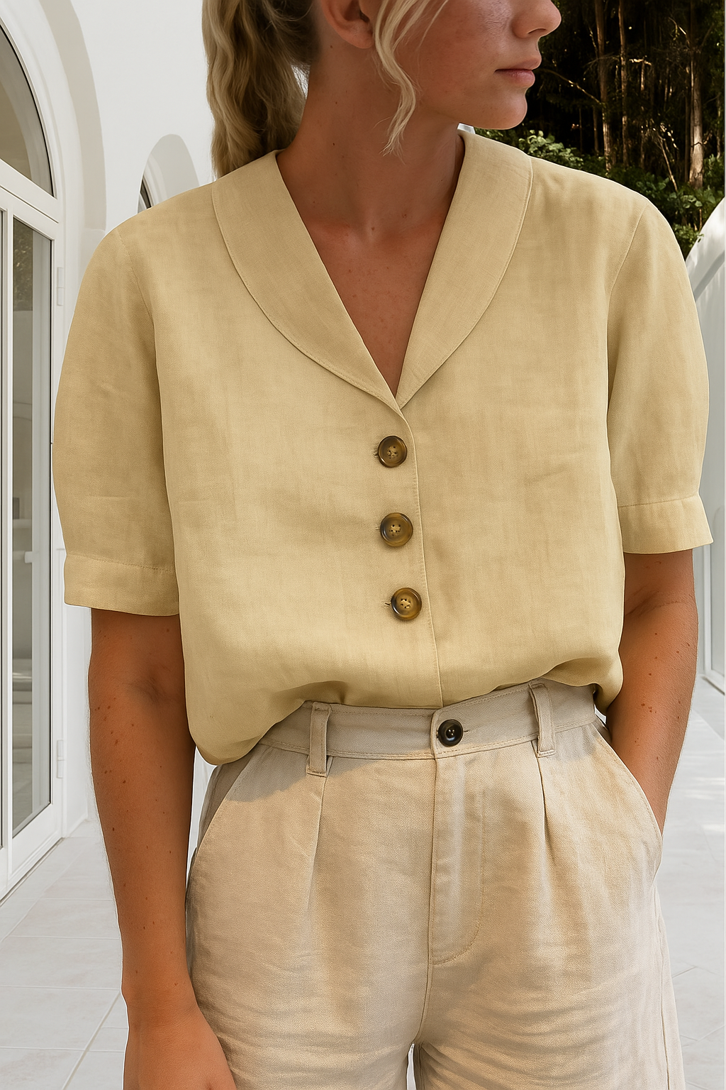 Women's Short Sleeve Button Up V-Neck Blouse