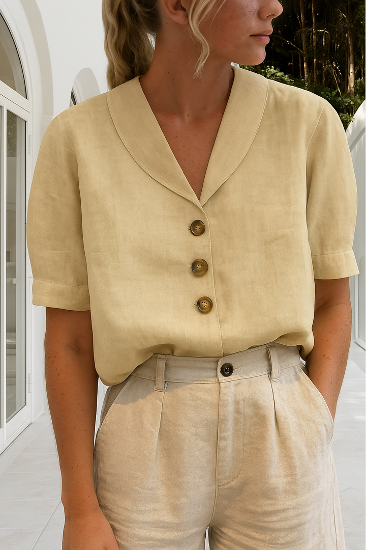 Women's Short Sleeve Button Up V-Neck Blouse