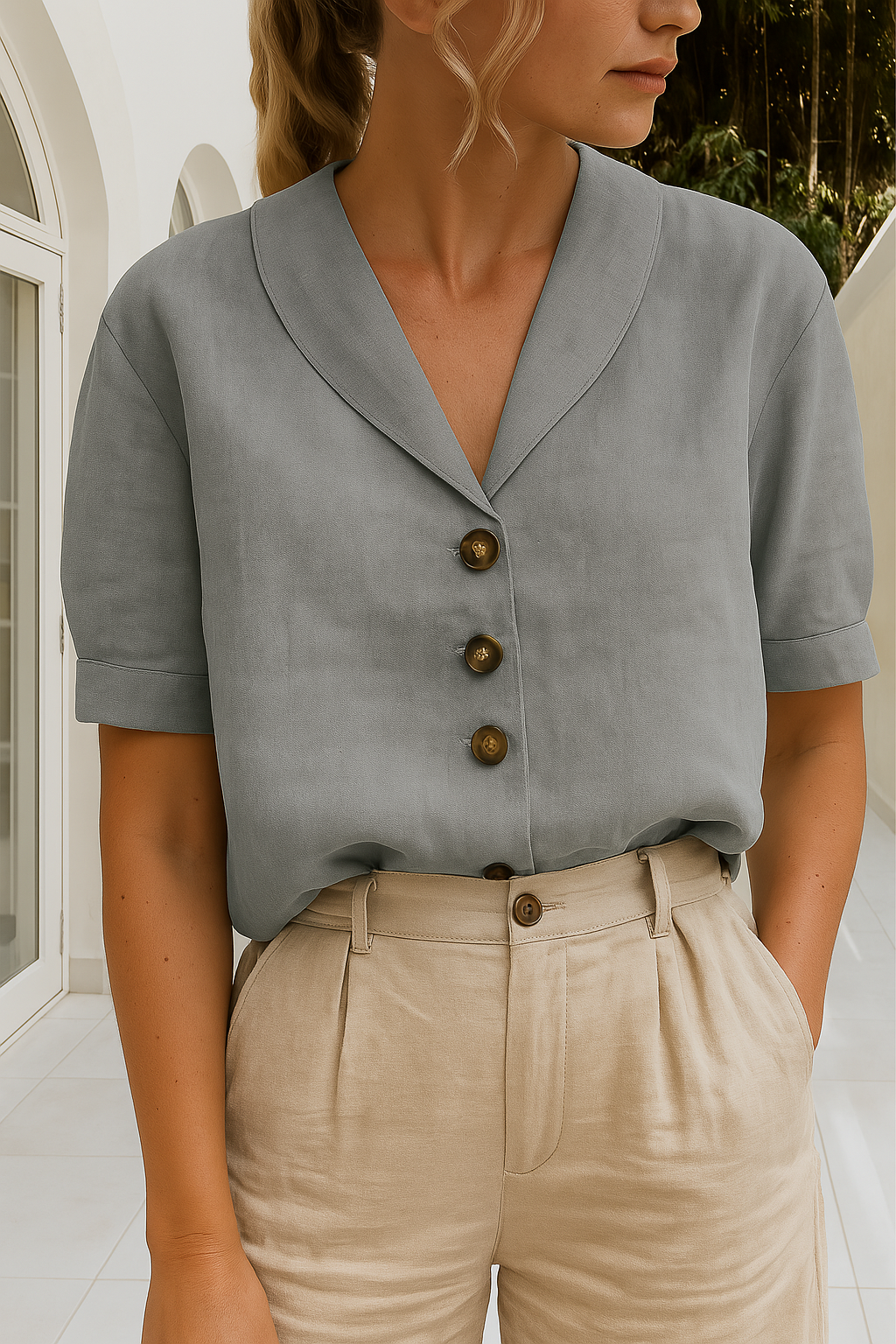 Women's Short Sleeve Button Up V-Neck Blouse