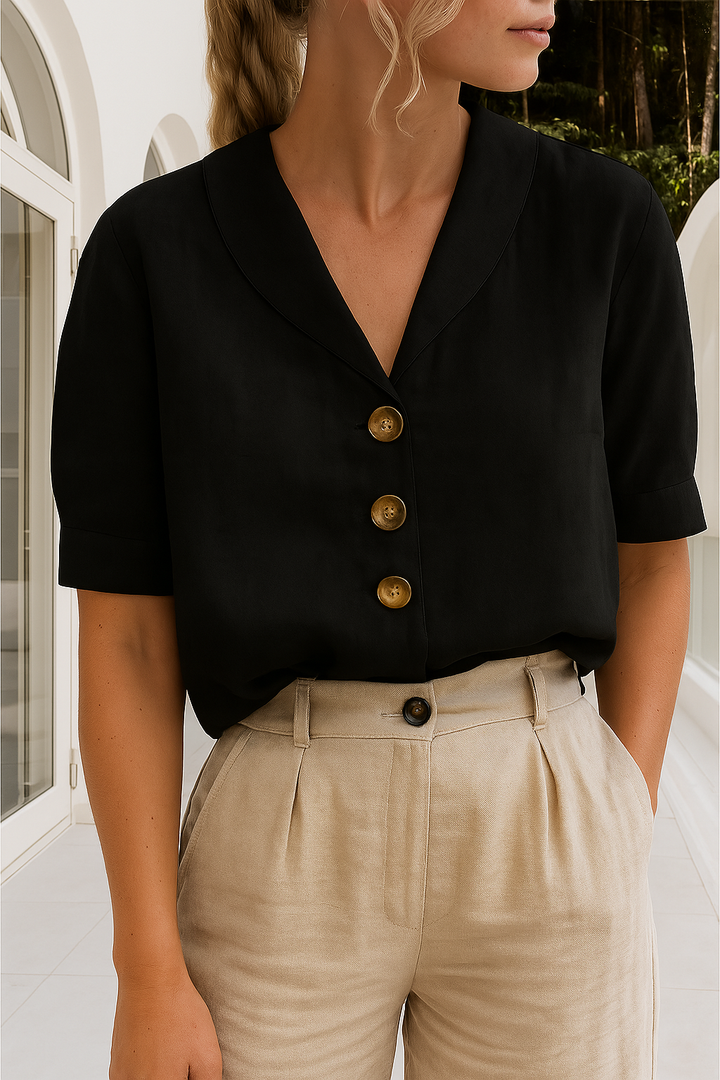 Women's Short Sleeve Button Up V-Neck Blouse