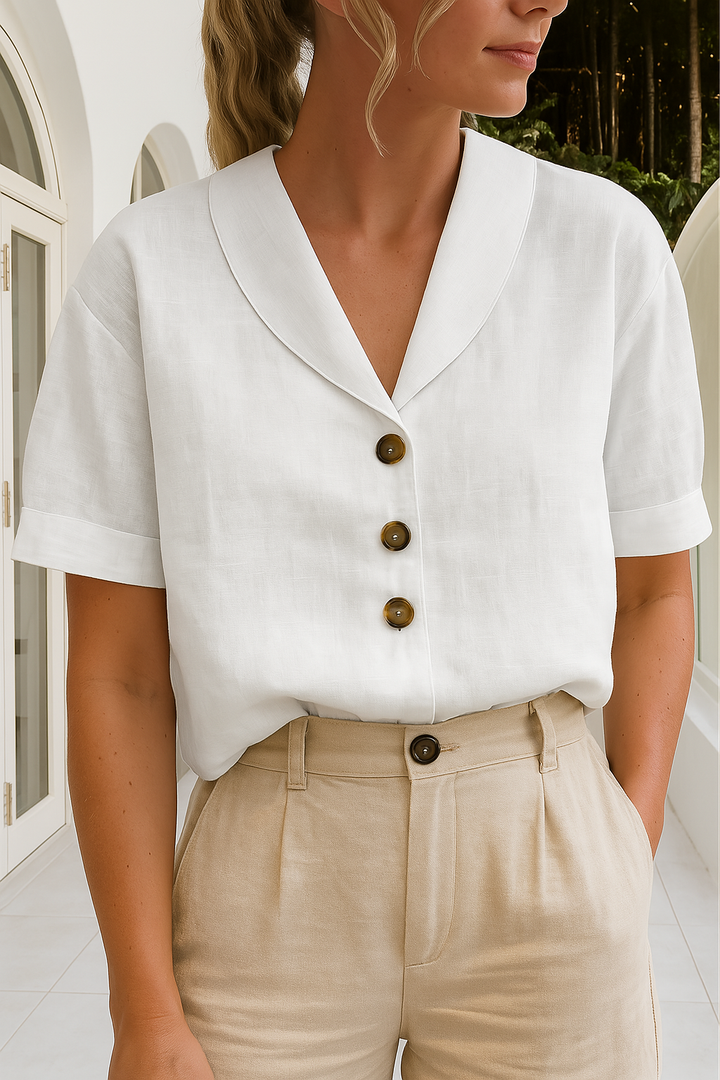 Women's Short Sleeve Button Up V-Neck Blouse