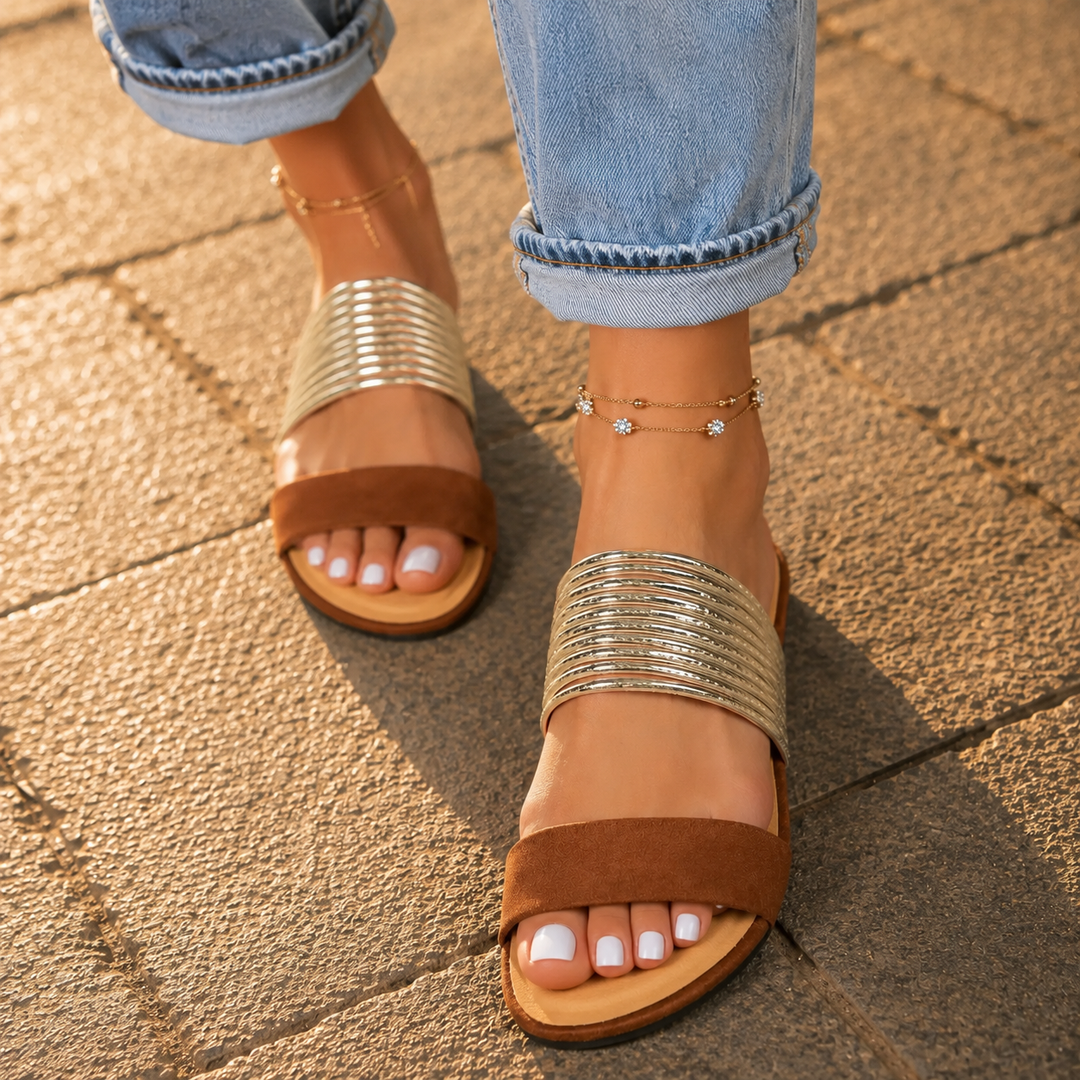 Women's Orthopedic Metallic Slat Strap Slide Sandals