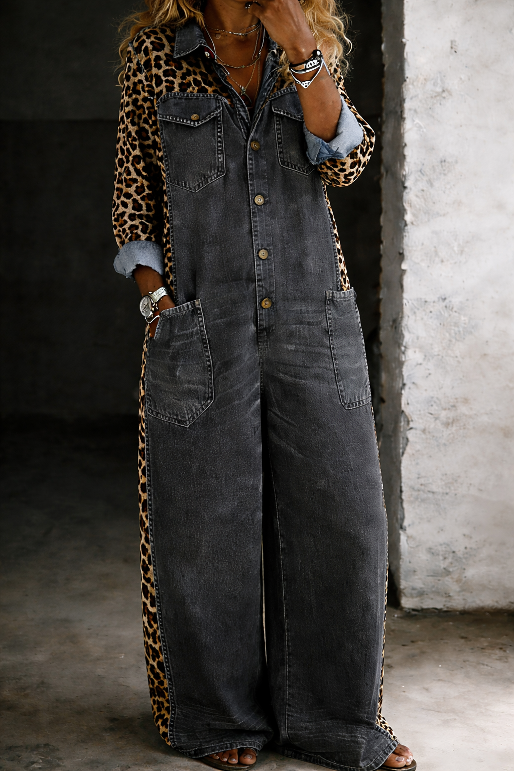 Women's Leopard Trim Button Front Wide Leg Denim Jumpsuit