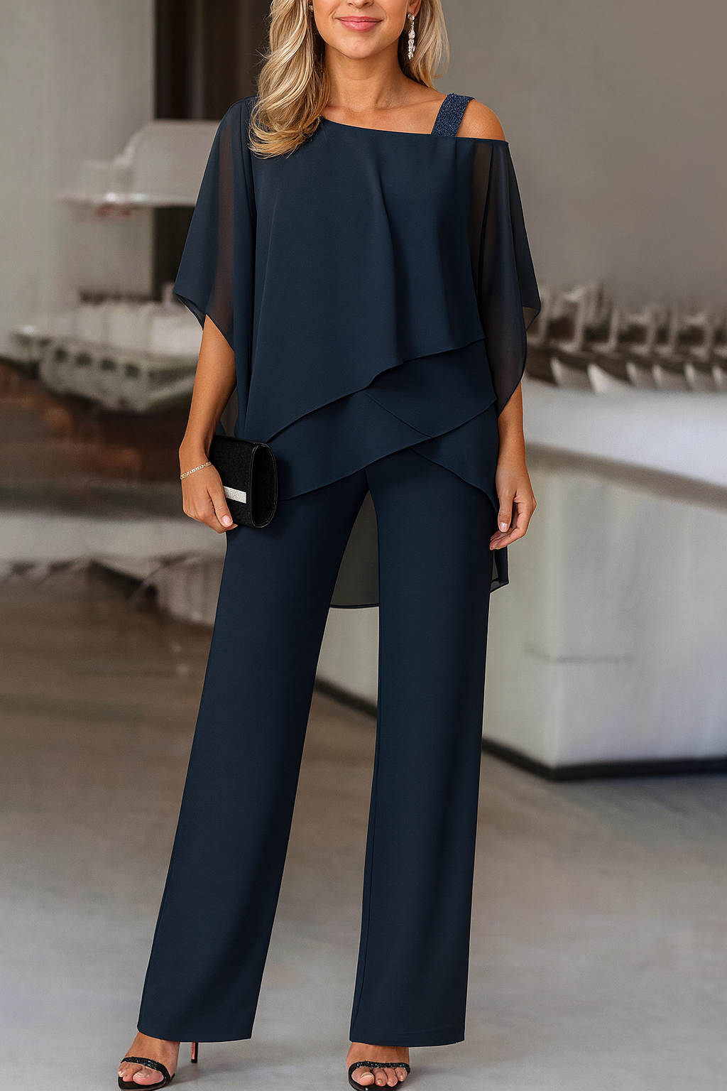 Women's Cold Shoulder Chiffon Top & Wide Leg Pants Set