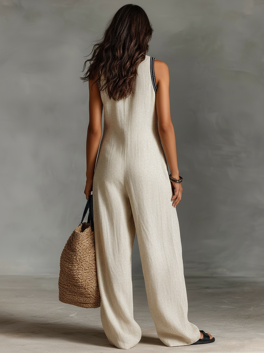 Women's Linen Blend Jumpsuit Sleeveless Wide Leg Boho