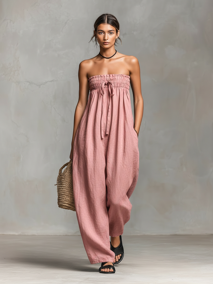 Women's Linen Strapless Jumpsuit Loose Fit Tie Closure