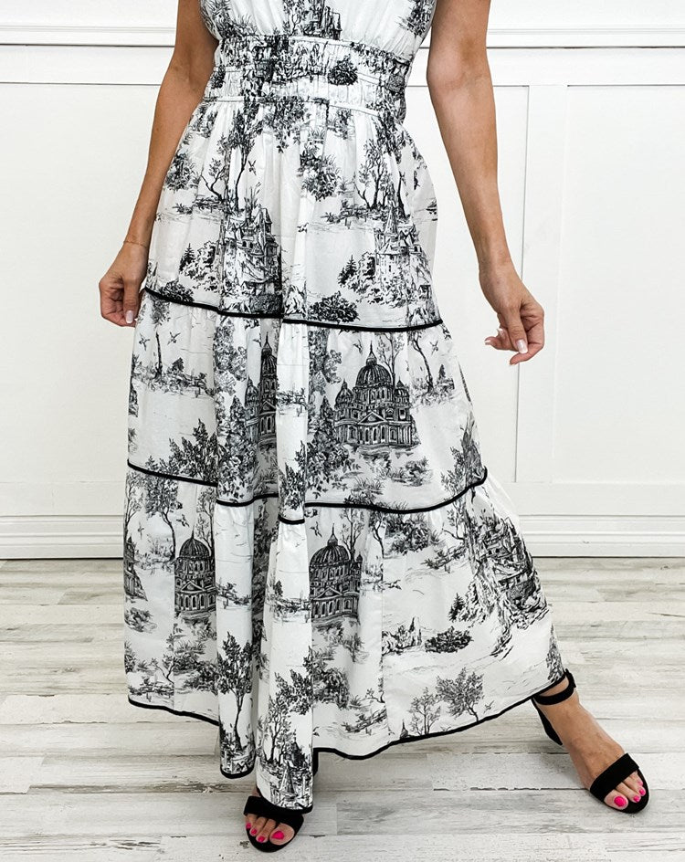 Women's Toile Print Tiered Maxi Dress with Smocked Waist