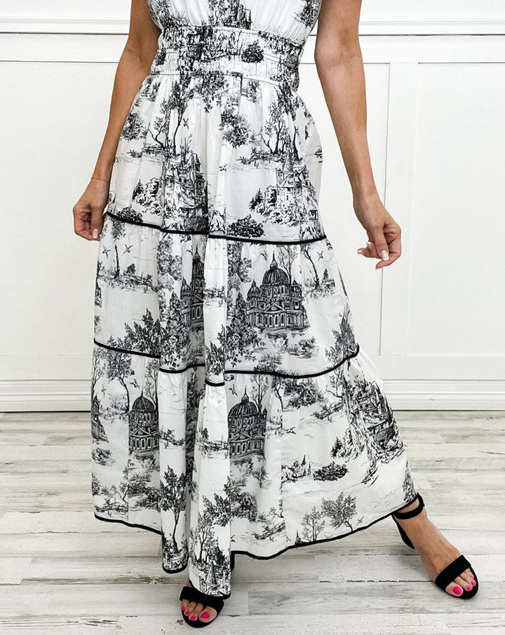 Women's Toile Print Tiered Maxi Dress with Smocked Waist