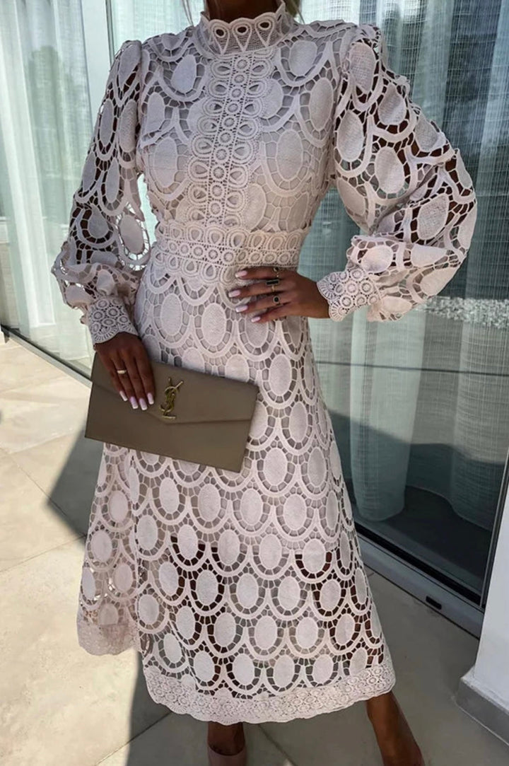 Women's Floral Lace Midi Dress with Long Sleeves