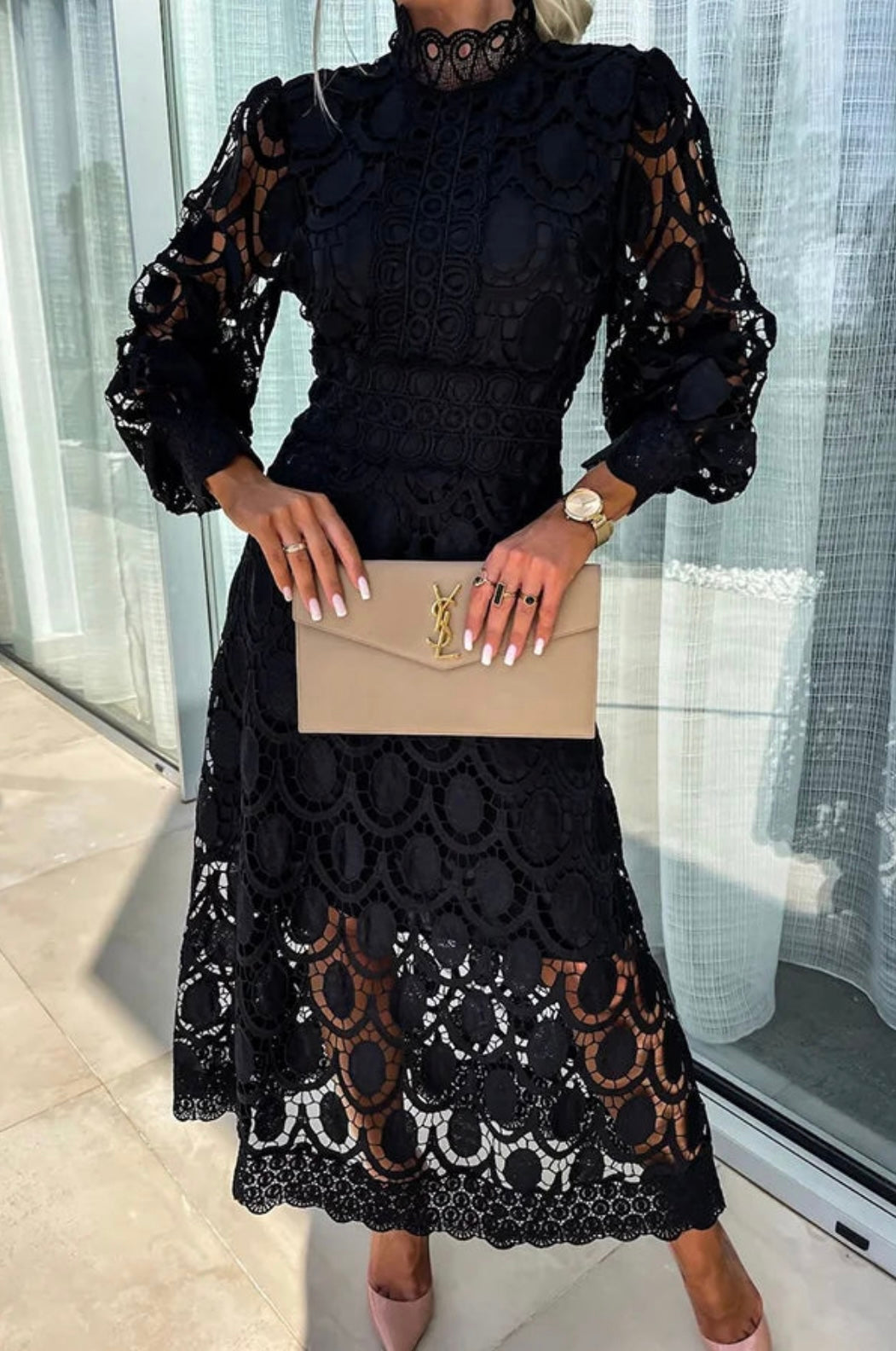 Women's Floral Lace Midi Dress with Long Sleeves