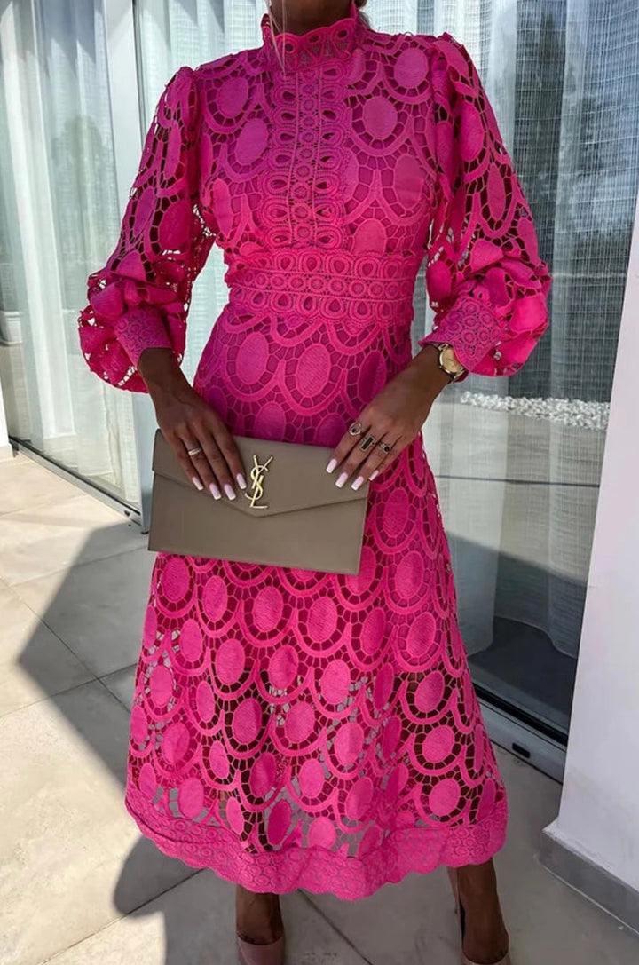 Women's Floral Lace Midi Dress with Long Sleeves