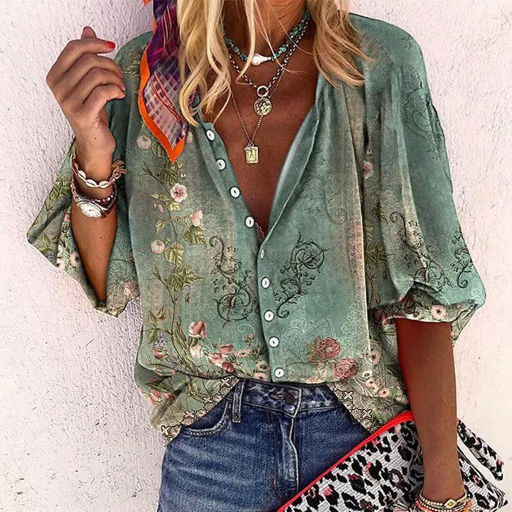 Women's Boho Print V-Neck Long Sleeve Button Down Blouse