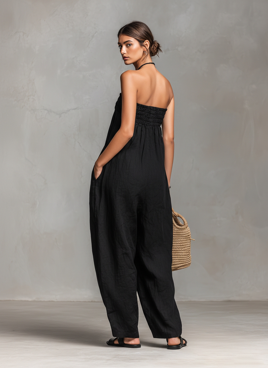 Women's Linen Strapless Jumpsuit Loose Fit Tie Closure