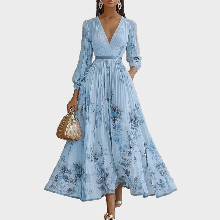 Women's Floral V-Neck Pleated Maxi Dress Ribbon Waist
