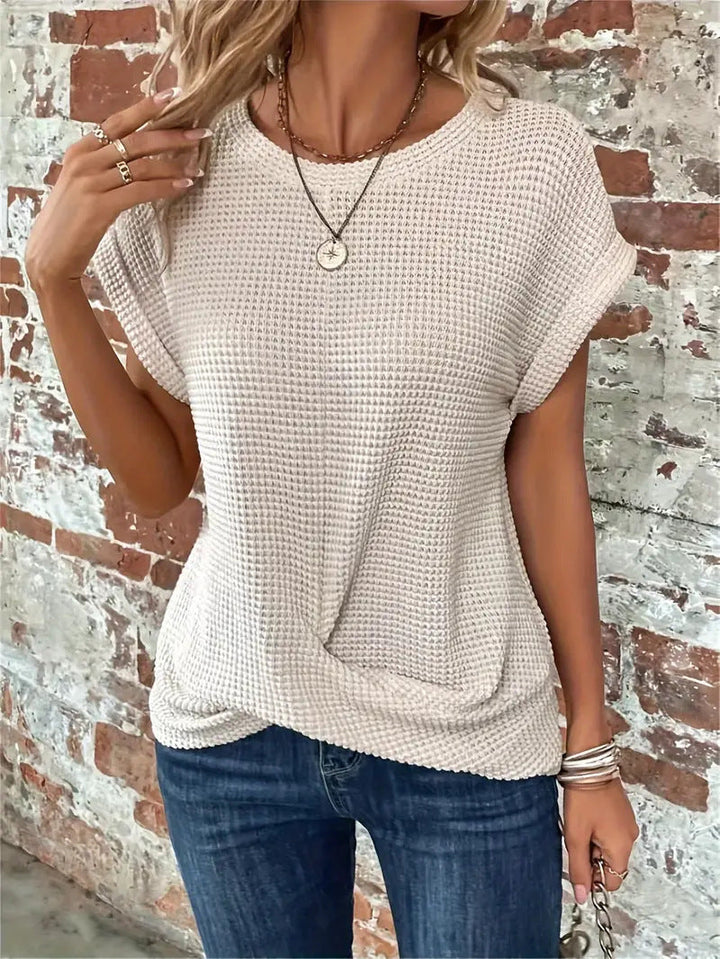 Women's Waffle Knit Twist Front Casual Tee with Rolled Sleeves