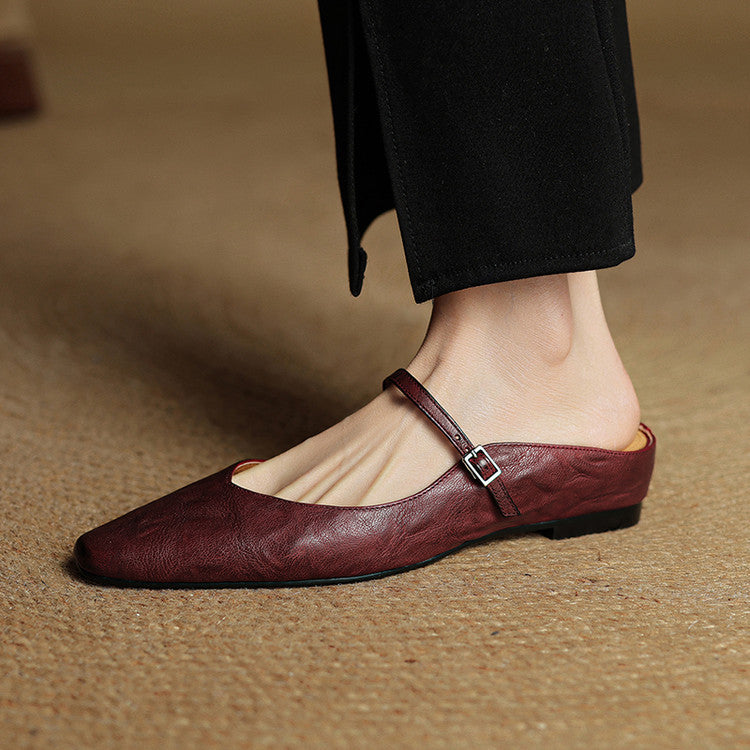 Women's Leather Pointed Toe Slip-On Mule Flats Strap