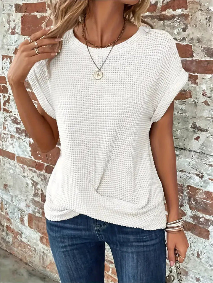 Women's Waffle Knit Twist Front Casual Tee with Rolled Sleeves