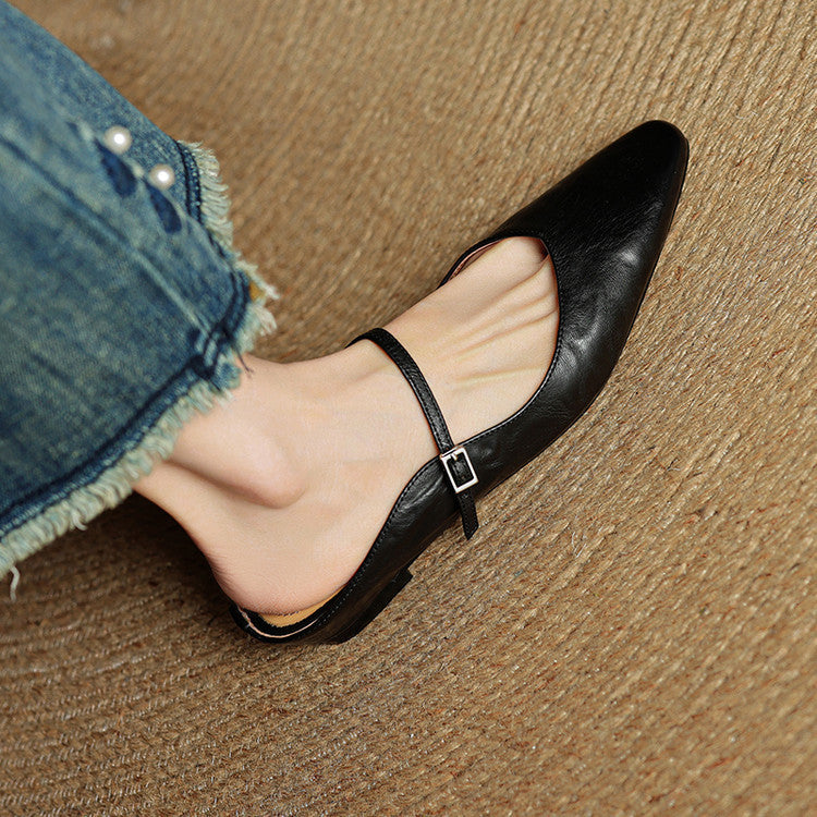 Women's Leather Pointed Toe Slip-On Mule Flats Strap