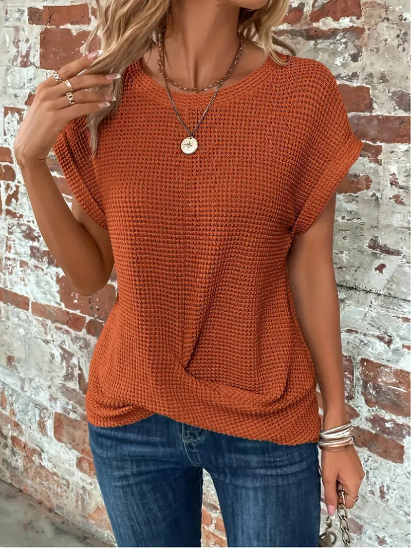 Women's Waffle Knit Twist Front Casual Tee with Rolled Sleeves