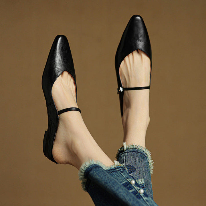 Women's Leather Pointed Toe Slip-On Mule Flats Strap