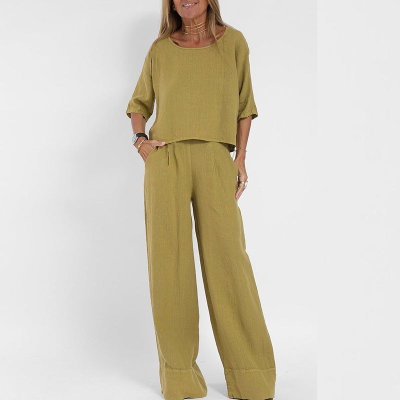 Women's Linen 2 Piece Wide Leg Pants Lounge Set