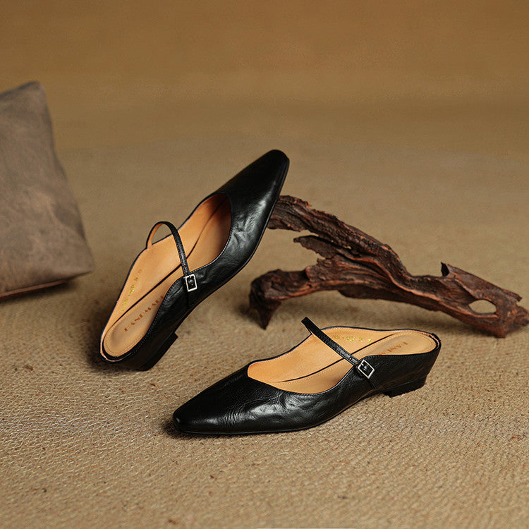 Women's Leather Pointed Toe Slip-On Mule Flats Strap