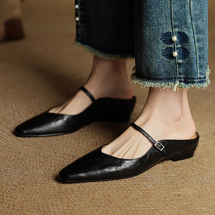Women's Leather Pointed Toe Slip-On Mule Flats Strap