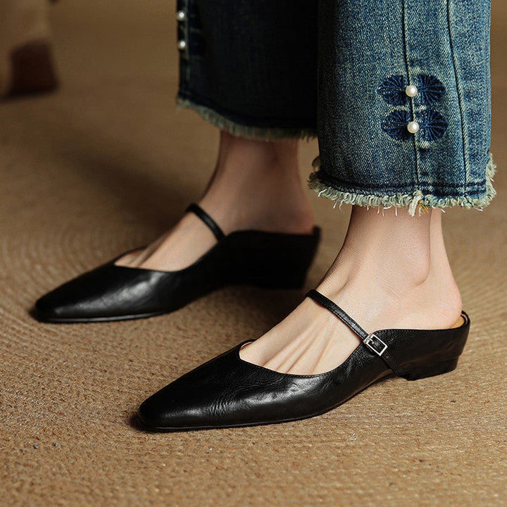Women's Leather Pointed Toe Slip-On Mule Flats Strap