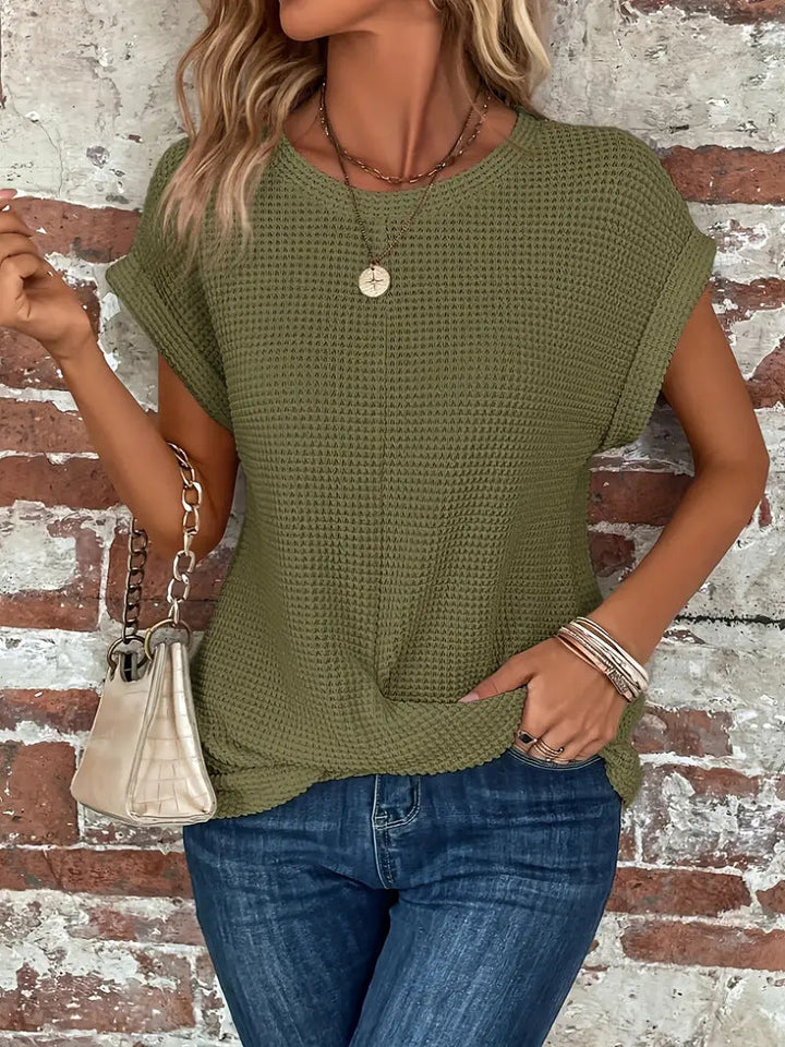 Women's Waffle Knit Twist Front Casual Tee with Rolled Sleeves