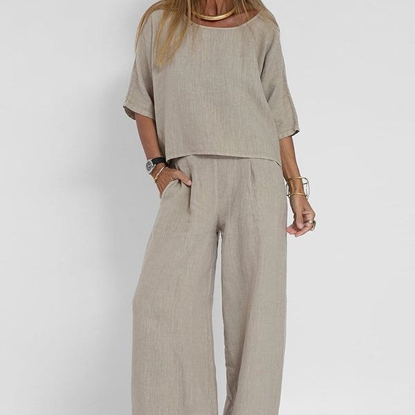 Women's Linen 2 Piece Wide Leg Pants Lounge Set