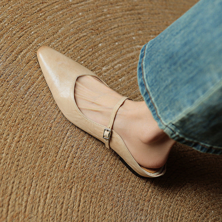 Women's Leather Pointed Toe Slip-On Mule Flats Strap