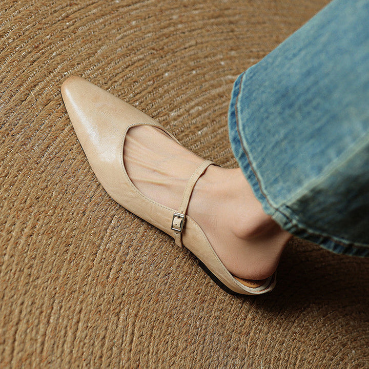 Women's Leather Pointed Toe Slip-On Mule Flats Strap