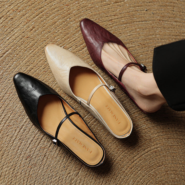 Women's Leather Pointed Toe Slip-On Mule Flats Strap