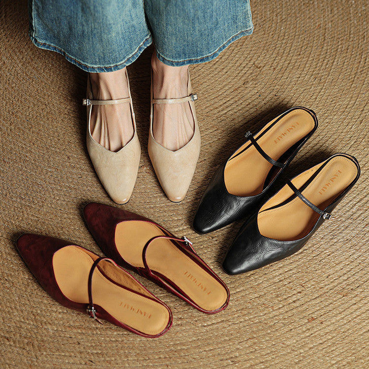 Women's Leather Pointed Toe Slip-On Mule Flats Strap