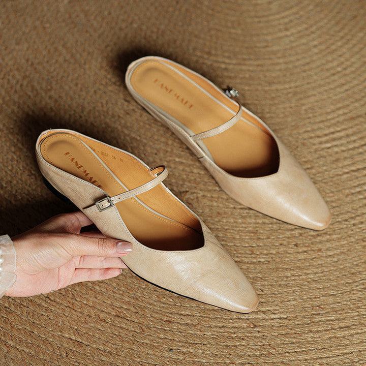 Women's Leather Pointed Toe Slip-On Mule Flats Strap