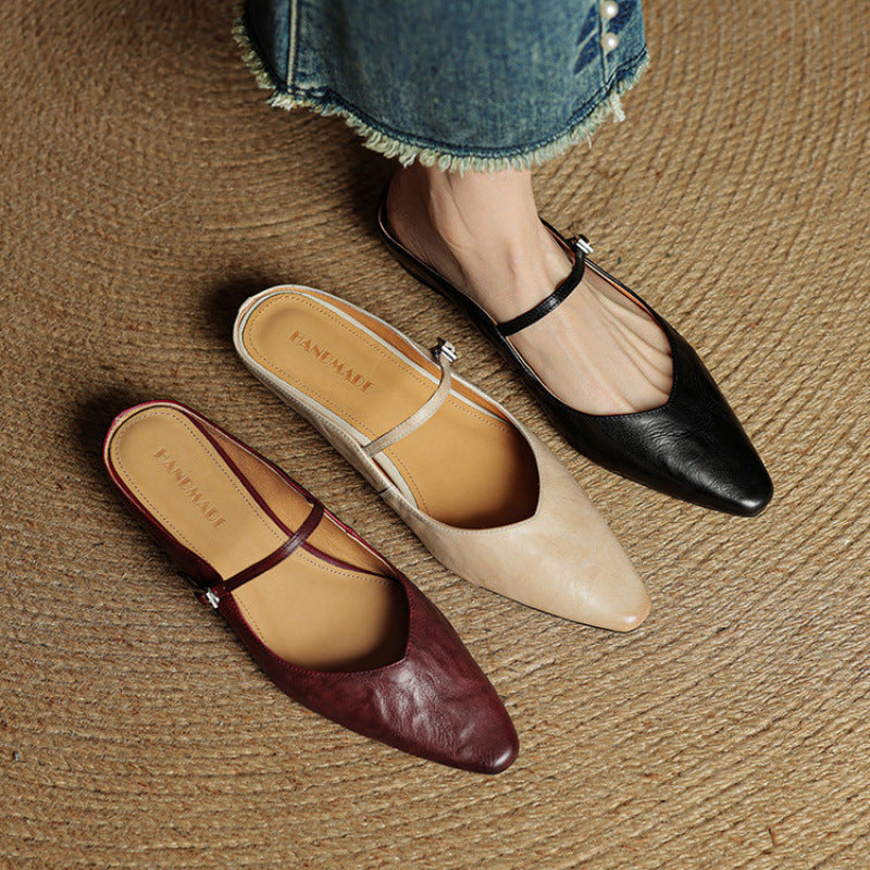 Women's Leather Pointed Toe Slip-On Mule Flats Strap