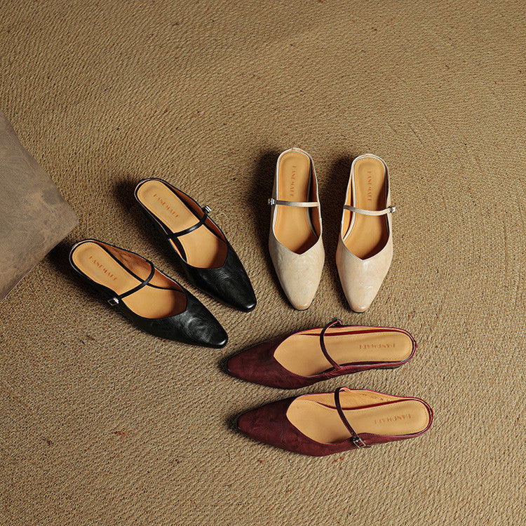 Women's Leather Pointed Toe Slip-On Mule Flats Strap