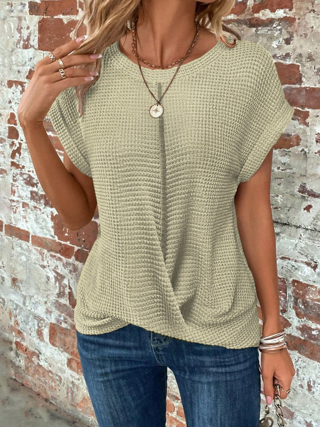 Women's Waffle Knit Twist Front Casual Tee with Rolled Sleeves