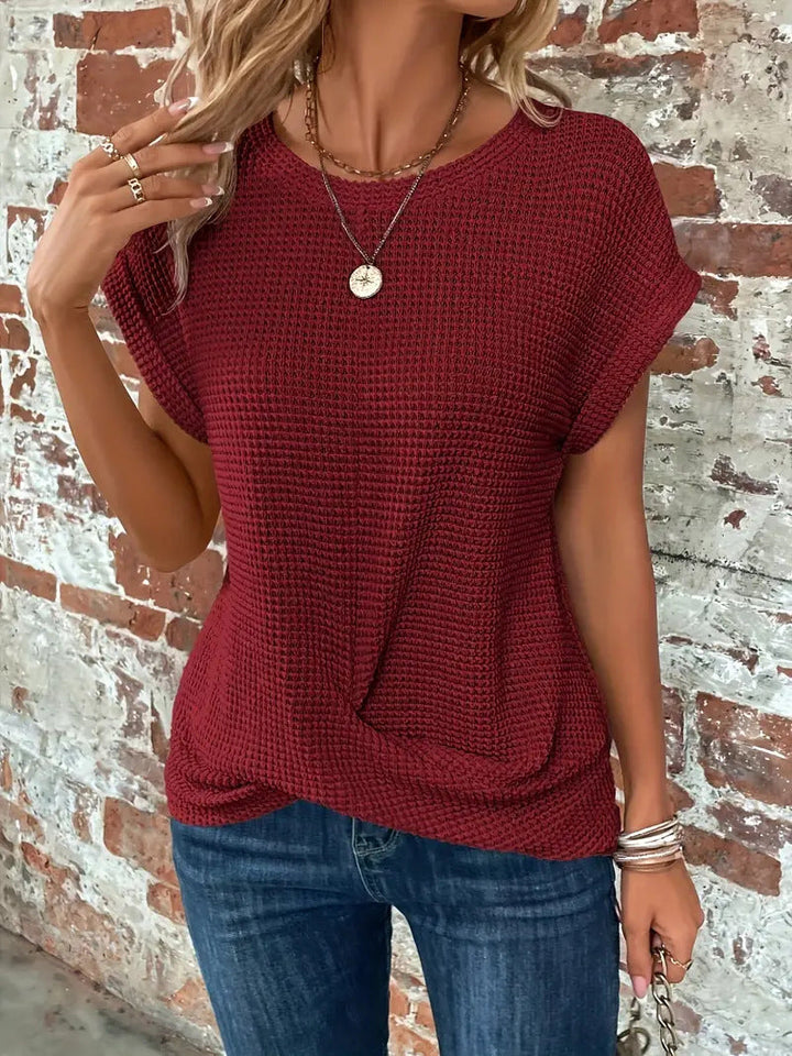 Women's Waffle Knit Twist Front Casual Tee with Rolled Sleeves