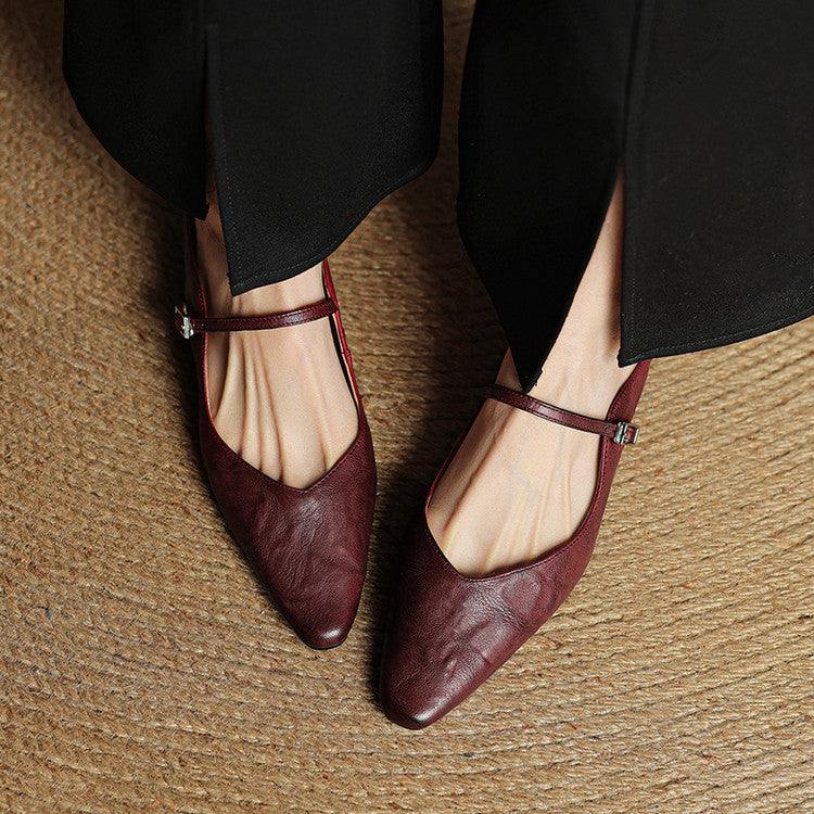 Women's Leather Pointed Toe Slip-On Mule Flats Strap