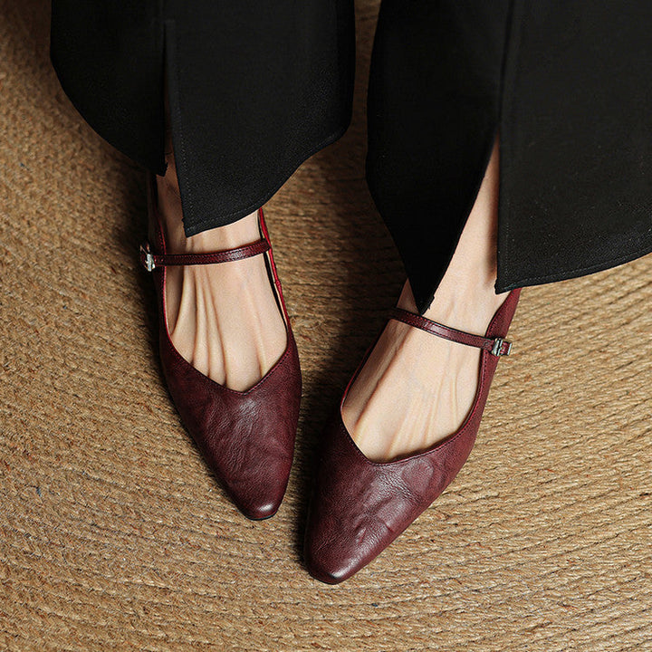 Women's Leather Pointed Toe Slip-On Mule Flats Strap