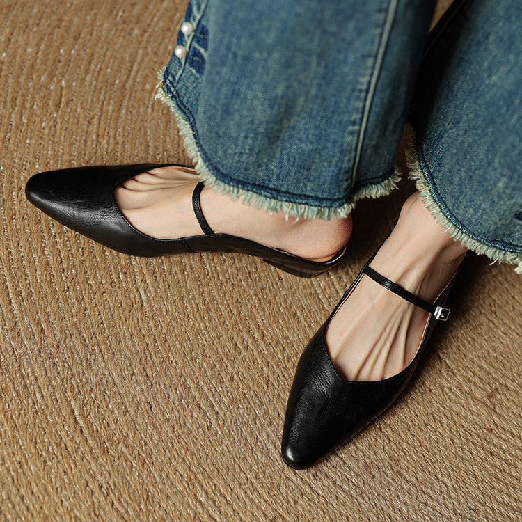 Women's Leather Pointed Toe Slip-On Mule Flats Strap