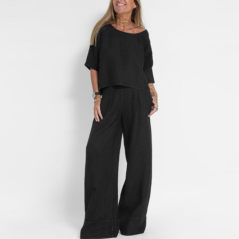 Women's Linen 2 Piece Wide Leg Pants Lounge Set