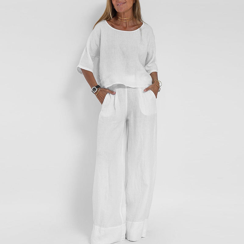 Women's Linen 2 Piece Wide Leg Pants Lounge Set