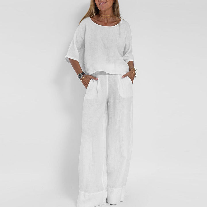 Women's Linen 2 Piece Wide Leg Pants Lounge Set