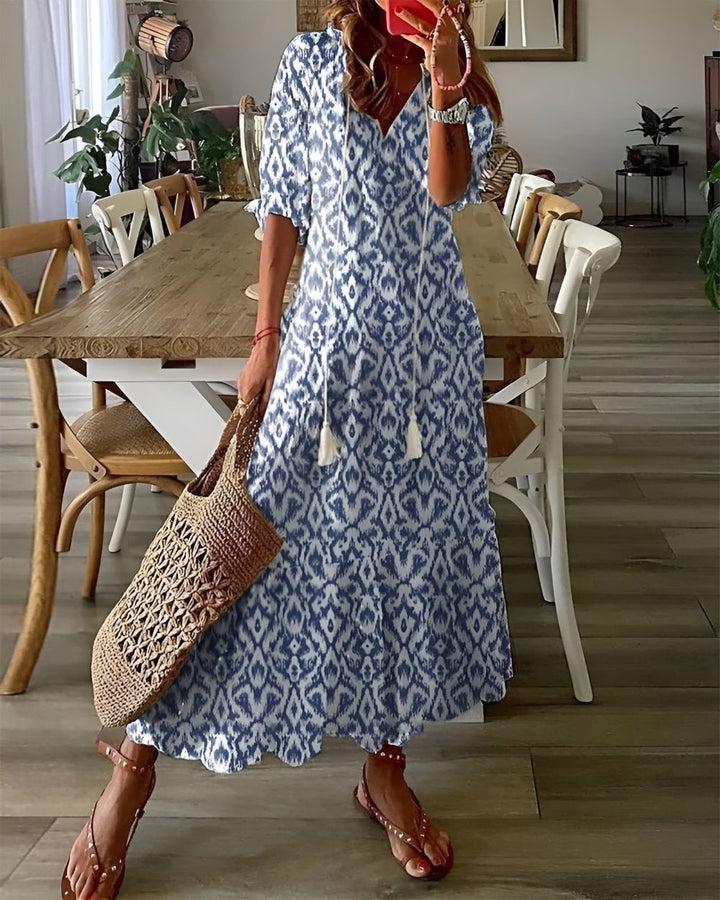 Women's Boho Floral Print V-Neck Flowy Maxi Dress