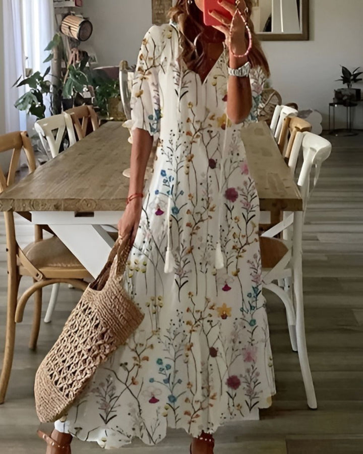 Women's Boho Floral Print V-Neck Flowy Maxi Dress