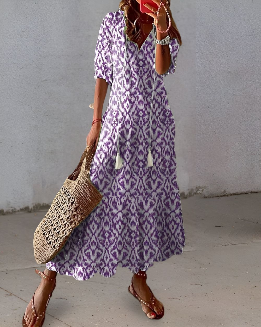 Women's Boho Floral Print V-Neck Flowy Maxi Dress