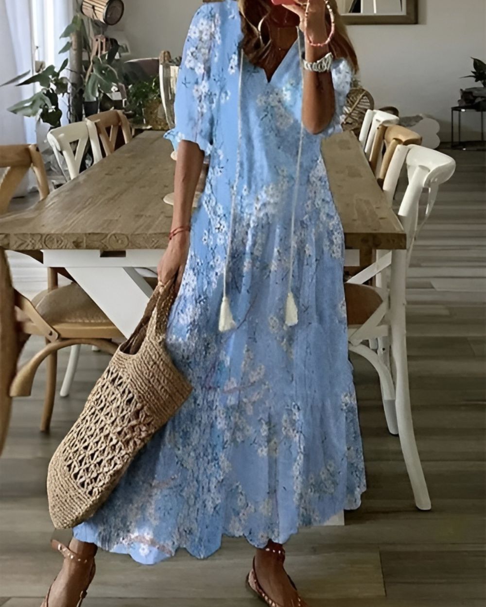 Women's Boho Floral Print V-Neck Flowy Maxi Dress