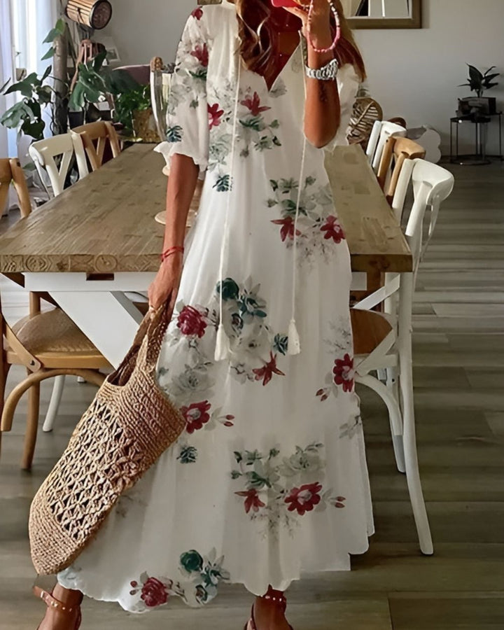 Women's Boho Floral Print V-Neck Flowy Maxi Dress